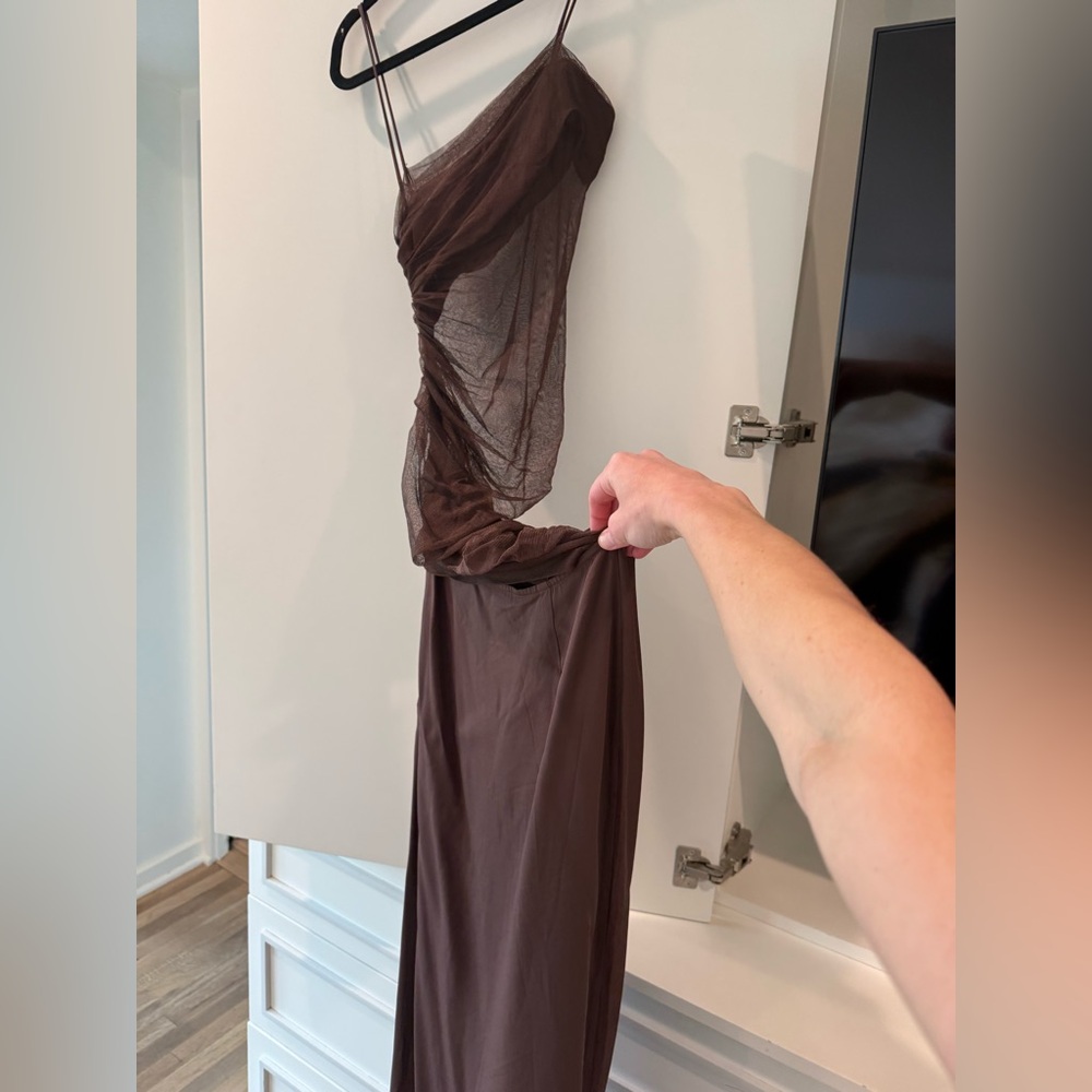 DESIGNER CHRISTOPHER ESBER Elegant Sheer Brown Maxi Dress - Picture 2 of 3